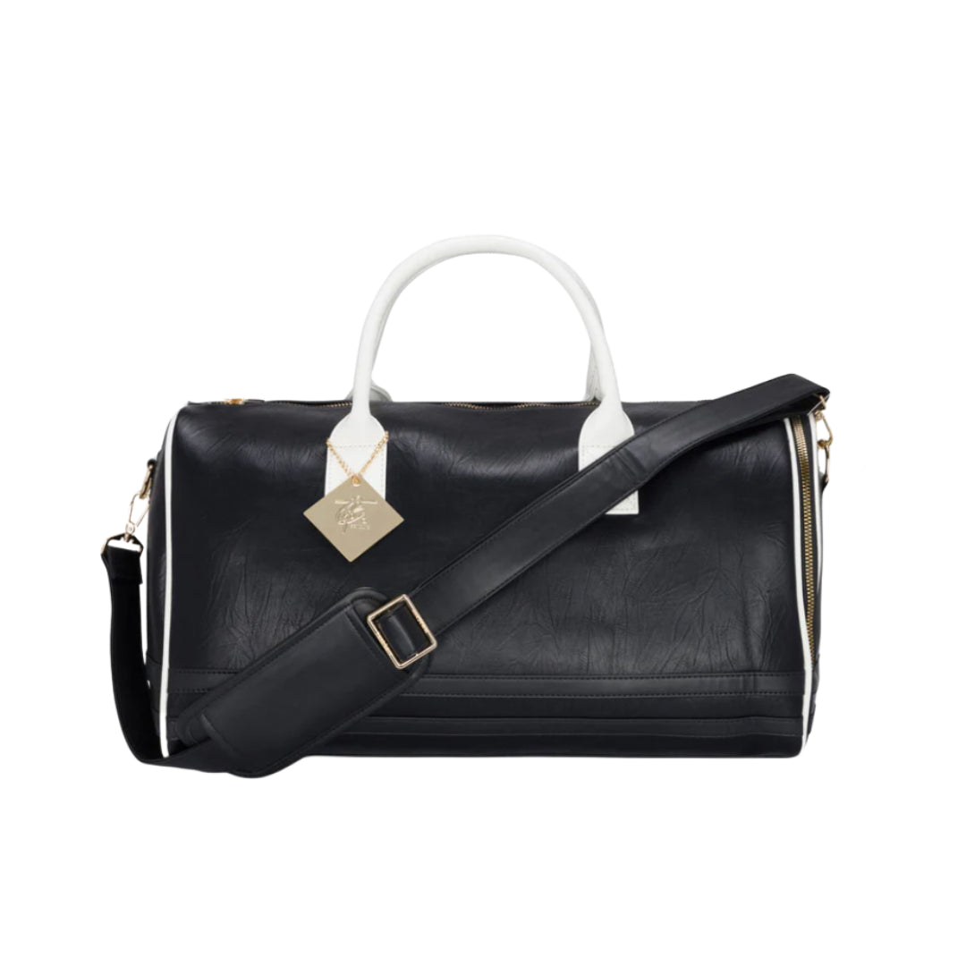 4BIDDEN BLACK &amp; WHITE VEGAN LEATHER GRAIN DUFFLE WEEKEND BAG